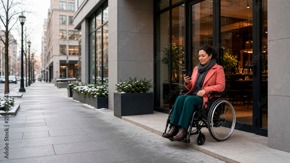 Obraz premium Woman Using Wheelchair Arriving at Contemporary Accessible Hotel on Snowy Street
