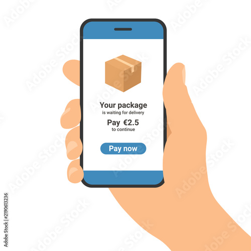 Vector illustration of a hand holding a smartphone with a fake package delivery notification requesting a small payment to continue delivery. Concept of parcel delivery scam, phishing