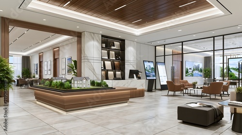 luxury real estate branding concept, elegant agency office with sophisticated reception area, architectural miniature house models, premium material samples and digital property displays, clean