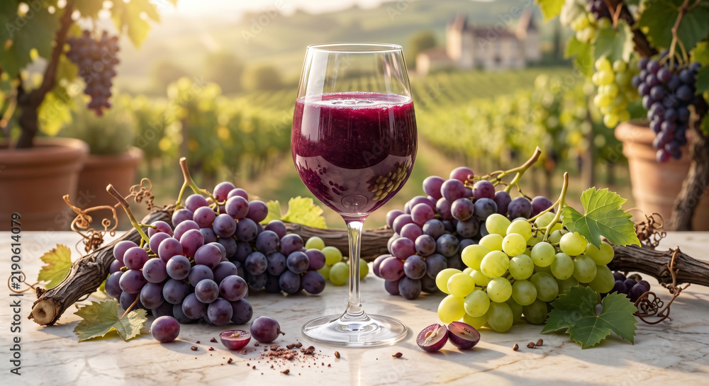 Obraz premium Rich Purple Grape Juice Glass with Fresh Colorful Grape Clusters