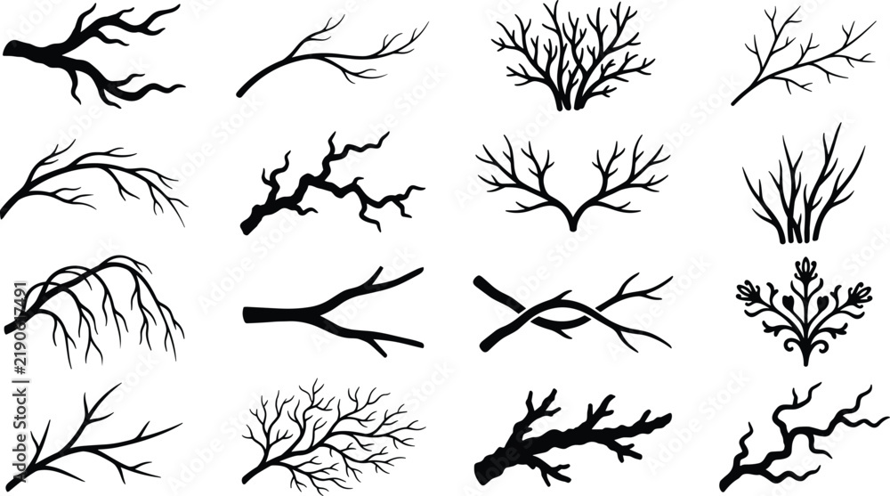 Obraz premium Spooky Bare Tree Branch Silhouette Icon Set with Twisted Twigs and Dead Wood Elements for Halloween Backgrounds and Goth Style Graphic Patterns