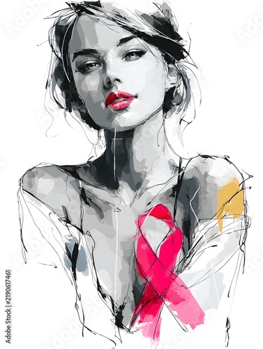 Minimalist continuous line drawing of a woman's upper body with a pink ribbon over the heart, white background, sophisticated healthcare illustration