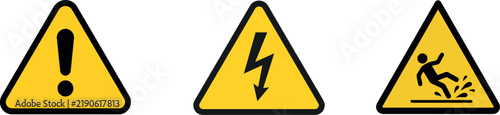 Safety Warning Icons Set Featuring Caution Exclamation High Voltage and Wet Floor Triangles