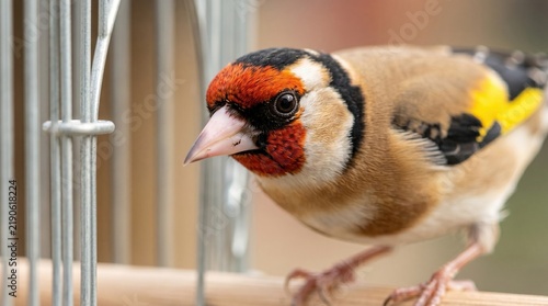 European goldfinch perched beside a bird cage