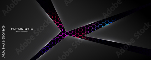 3D black abstract background overlap layer in dark space with colorful hexagon effect decoration. Modern graphic design element glowing style concept for web, art, flyer, card, or brochure cover