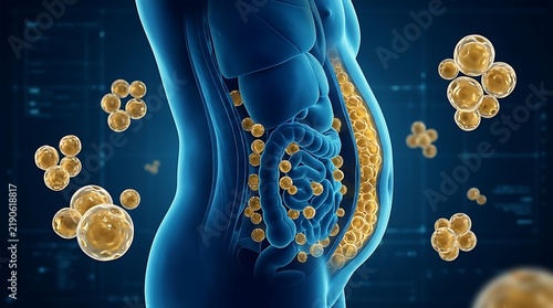 3d illustration of human body anatomy showing visceral fat accumulation around internal organs and abdominal area