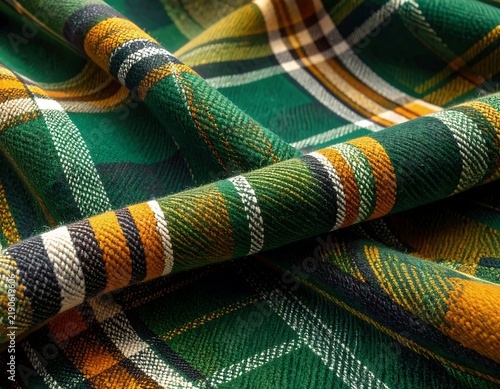 Green tartan check plaid seamless pattern fabric texture closeup, ideal for fashion and apparel design.