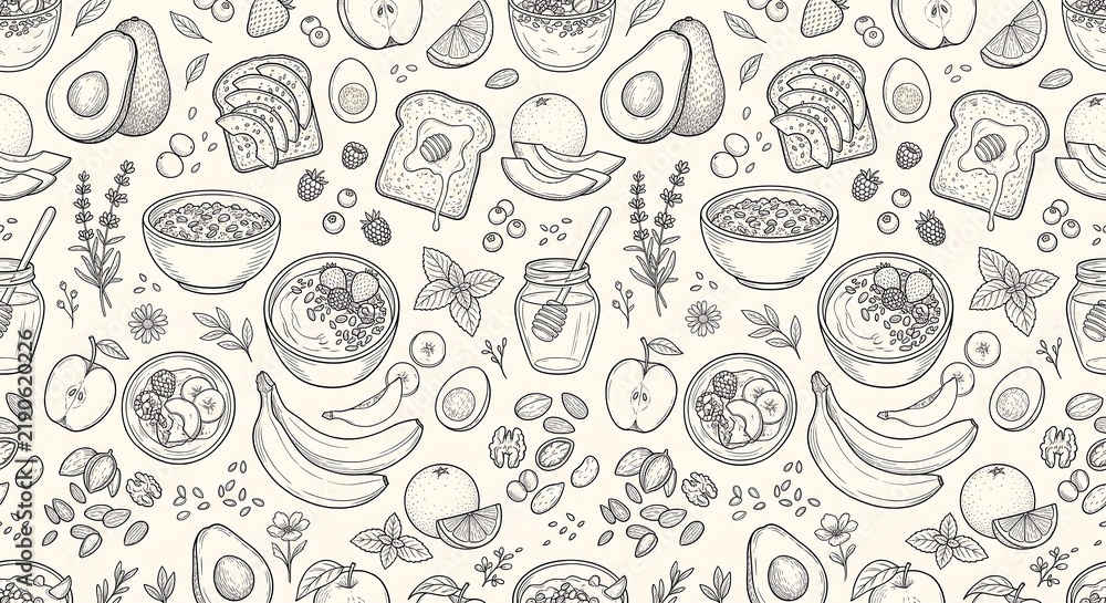 Obraz premium Abstract seamless pattern with intricate black ink line drawings on a soft beige background
