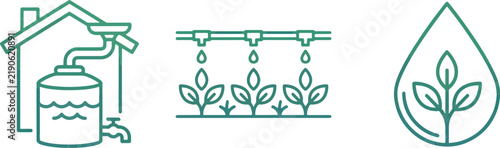 Rainwater Harvesting Drip Irrigation Eco Water Drop Plant Line Art Icons