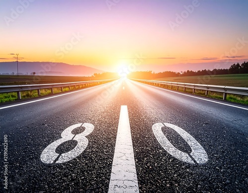 Endless asphalt highway vanishing into the horizon at sunset with painted road numbers, ideal for travel and transport campaigns.