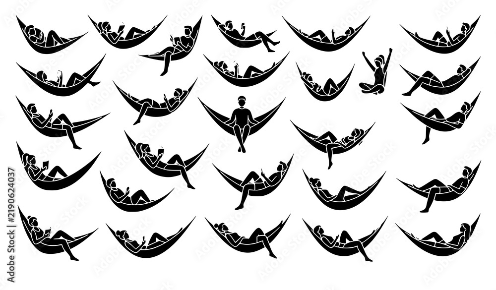 Fototapeta premium Relaxing Men and Women in Hammocks Black Silhouette Icon Collection