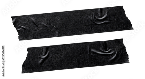 Two strips of black duct tape with creases and folds isolated on transparent background