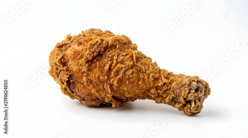 Golden fried chicken leg piece with crispy skin isolated on plain white studio background.