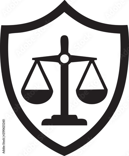Scales of justice inside a shield simple black vector icon design element for legal and security concepts isolated on white background