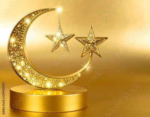 Illuminated Crescent Moon and Star Displayed on an Elegant Golden Pedestal with a Soft Gold Background