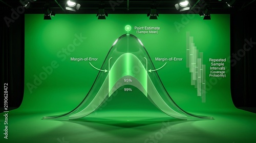 Data analyst reviewing bell curve confidence intervals on green digital display in modern office