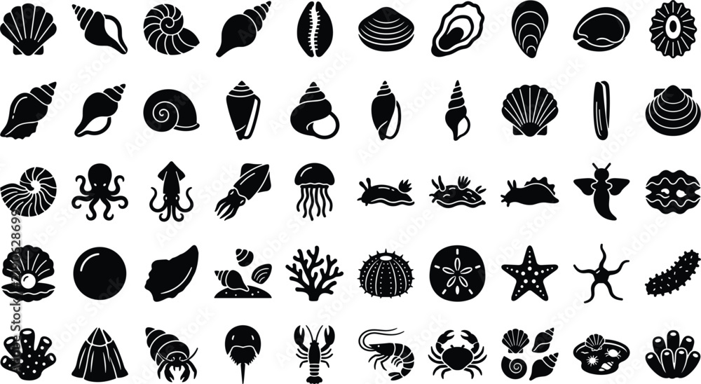 Obraz premium Marine Shellfish Mollusk and Ocean Invertebrate Solid Glyph Icon Collection Featuring Shells Clams Octopus Squid Sea Slugs Starfish Crabs Lobsters Pearls and Tide Pool Life