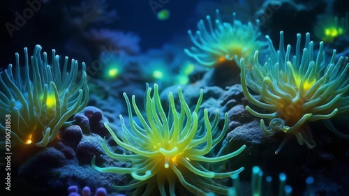 Vibrant Yellow Sea Anemones with Bioluminescent Glow Underwater