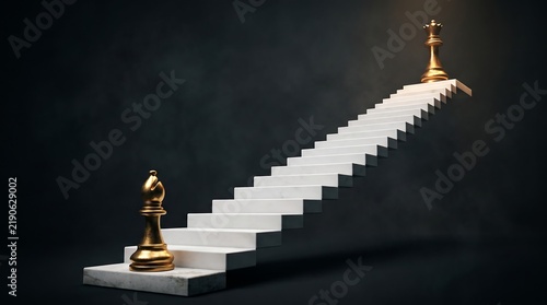 Golden chess pieces on white stairs, conceptual business success ladder, strategic path to leadership and victory