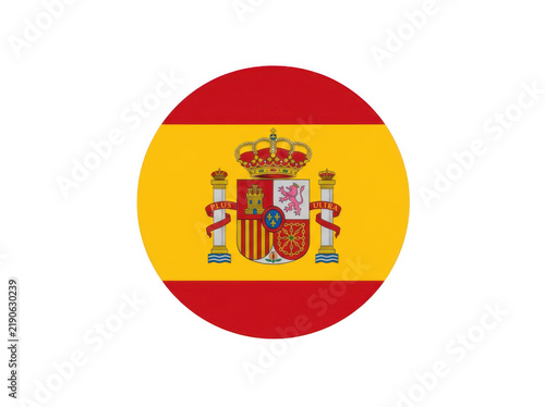 Round icon with the national flag of spain, official colors and coat of arms, isolated on transparent background