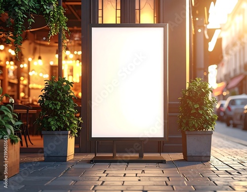 A blank white vertical advertising banner mockup standing on a city sidewalk outside a storefront, ideal for corporate marketing and outdoor branding campaigns.