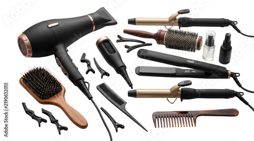 Professional hair styling tools set, black and rose gold salon equipment, electric blow dryer and curling irons for beauty care isolated PNG with Transparent Background