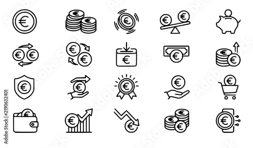 Euro Coin Thin Line Icon Set 20 Money Currency Stroke Vector Collection