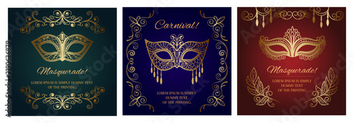Masquerade ball. Mardi gras party mask, venice carnival costume or venetian fantasy theatrical poster templates. Elegant mask invitations with gold ornamental frames. Vector set