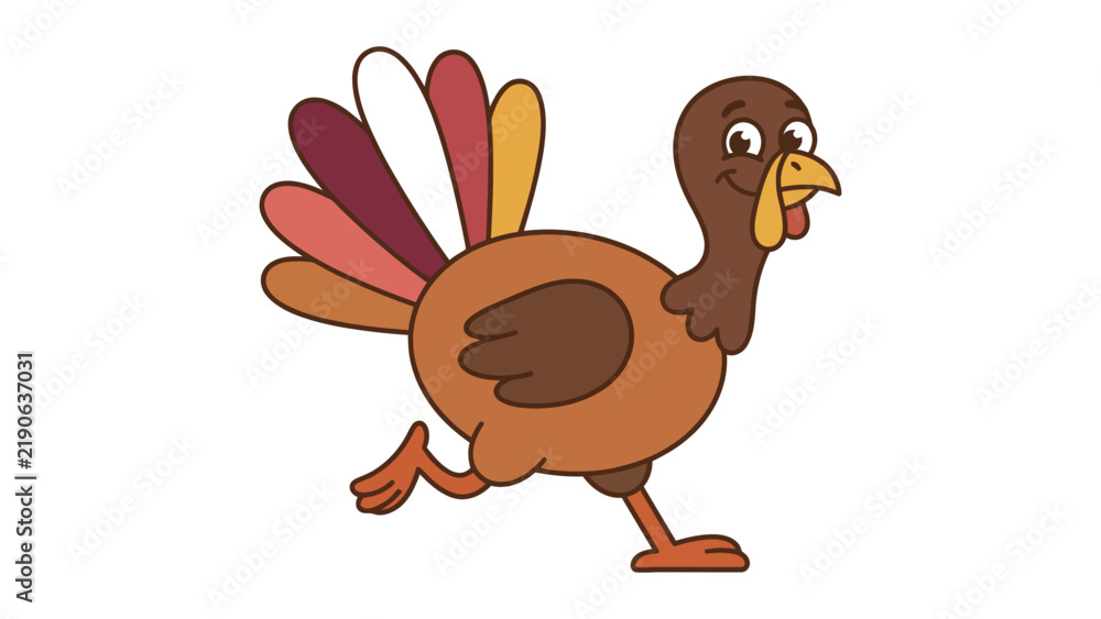Obraz premium Cartoon turkey with colorful feathers walking cheerful transparent background illustration