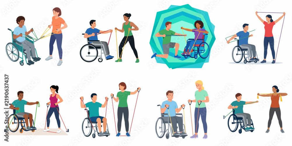 Fototapeta premium Diverse set of flat vector illustrations featuring people in wheelchairs performing resistance band exercises and physical therapy with trainers for rehabilitation and inclusive fitness.