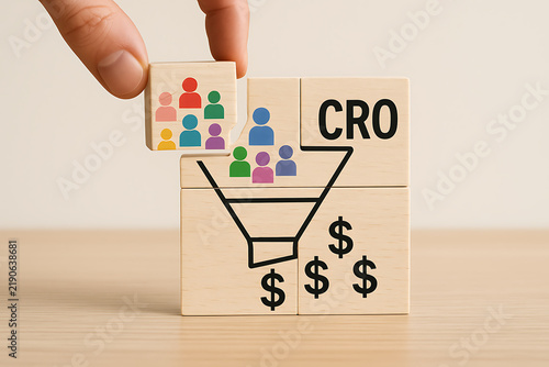 Wooden blocks depicting a funnel with people and currency representing conversion rate optimization