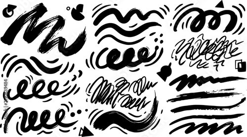 Black paint curly brush strokes with curved dashes. Chaotic squiggles with decorative texture. Vector bold brush strokes, wavy thick lines. Japanese calligraphy smears. Hand drawn curved grunge lines.