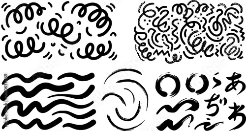 Black paint curly brush strokes with curved dashes. Chaotic squiggles with decorative texture. Vector bold brush strokes, wavy thick lines. Japanese calligraphy smears. Hand drawn curved grunge lines.