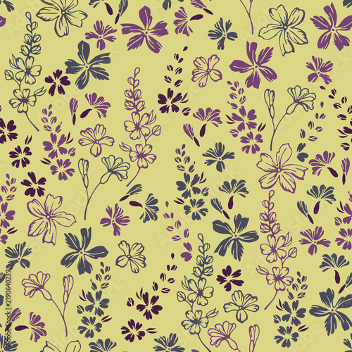 Wild meadow buttercup flowers repeat ornament vector design. Millefleurs rust...