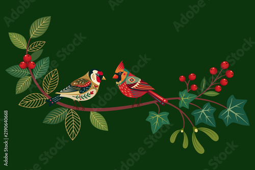 A decorative folk-art illustration of two colorful songbirds perched together on a curved branch adorned with detailed green leaves, red berries, and hanging mistletoe-like foliage.