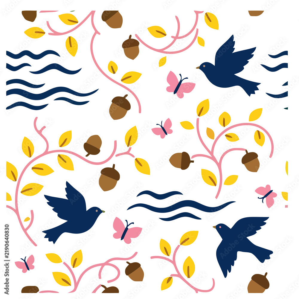 Fototapeta premium Pattern with birds, butterflies, acorns, and leaves