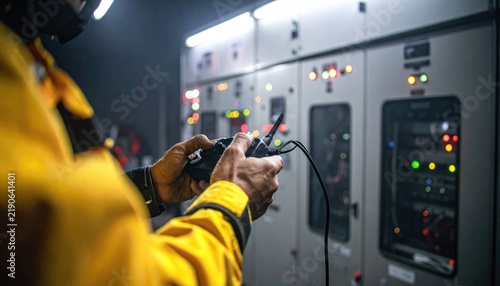 Industrial Electrical Technician Operating a Remote Control System Near a Power Control Panel Room