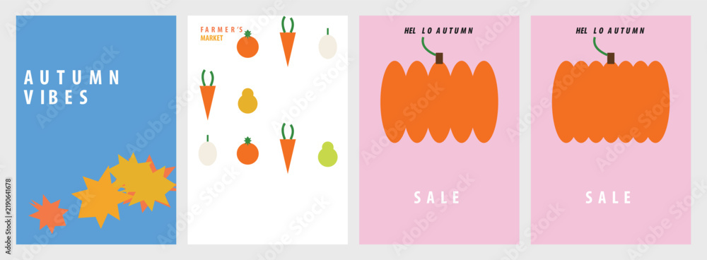 Fototapeta premium Collection of Minimalist Autumn Seasonal Greeting Cards Featuring Pumpkins and Harvest Vegetable Illustrations in Vibrant Pastel Colors