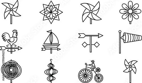 Foto Wind spinner and weather vane icon set showing decorative pinwheels windsock wea