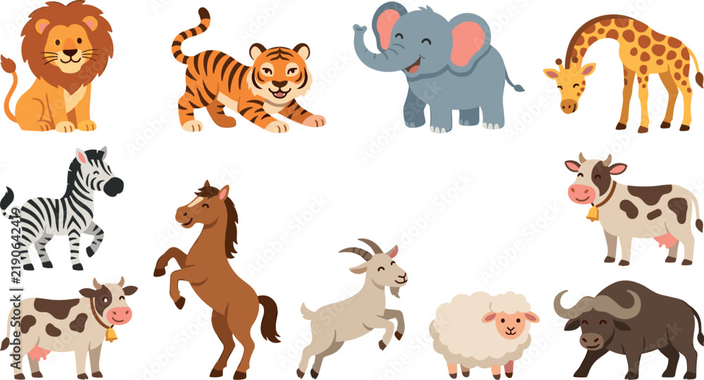Obraz premium Cute cartoon safari and farm animals vector collection featuring lion tiger elephant giraffe horse cow and sheep