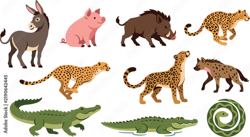 Obraz premium Cute cartoon animals vector illustration set featuring wild safari predators big cats reptiles farm mammals and exotic wildlife