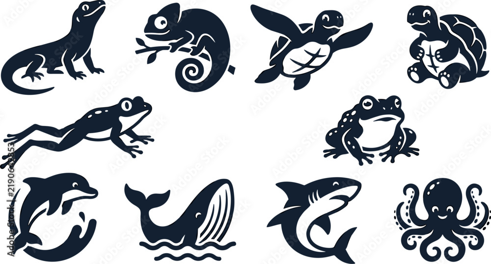 Obraz premium Marine animals and reptiles vector silhouette icon set featuring sea life creatures amphibians lizards and ocean wildlife symbols