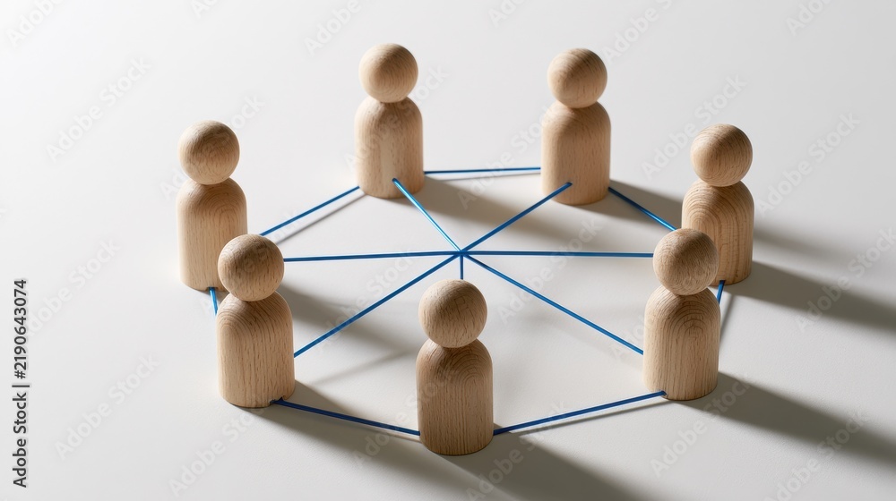 Obraz premium Wooden peg dolls connected by blue thread forming a network on a white surface. Business networking and team collaboration concept.