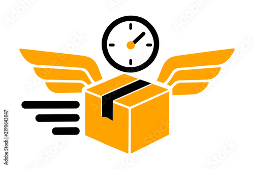 Fast delivery service icon, express shipping cardboard box with wings, quick mail parcel distribution vector