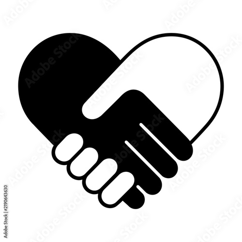 Two hands clasping in a heart shape symbolize unity and cooperation with a bold black and white contrast.