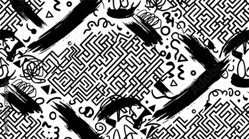 Abstract vector background design with maze mosaic texture. Bold brush strokes seamless pattern. Intricate labyrinth ornament. Abstract geometric decorative background. Grunge scribbles.