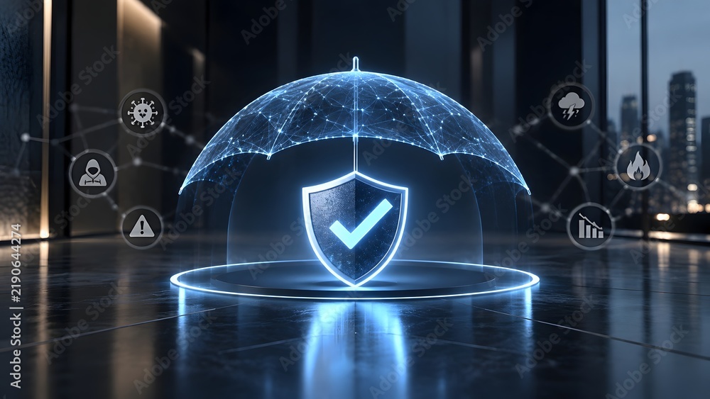 Fototapeta premium Glowing digital umbrella shielding a checkmark from various business risks and cyber threats concept of corporate insurance and cybersecurity