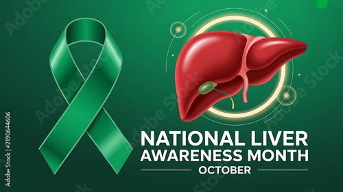 National liver awareness month green ribbon with human liver