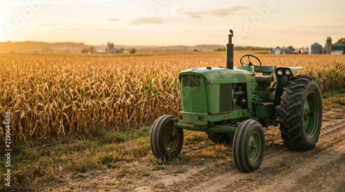 Vintage green farm tractor parked along a dirt path beside a mature golden cornfield at sunset, representing agricultural machinery, farm equipment, and rural harvest