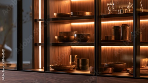 Modern luxury kitchen cabinet display with warm LED lighting and wooden texture.